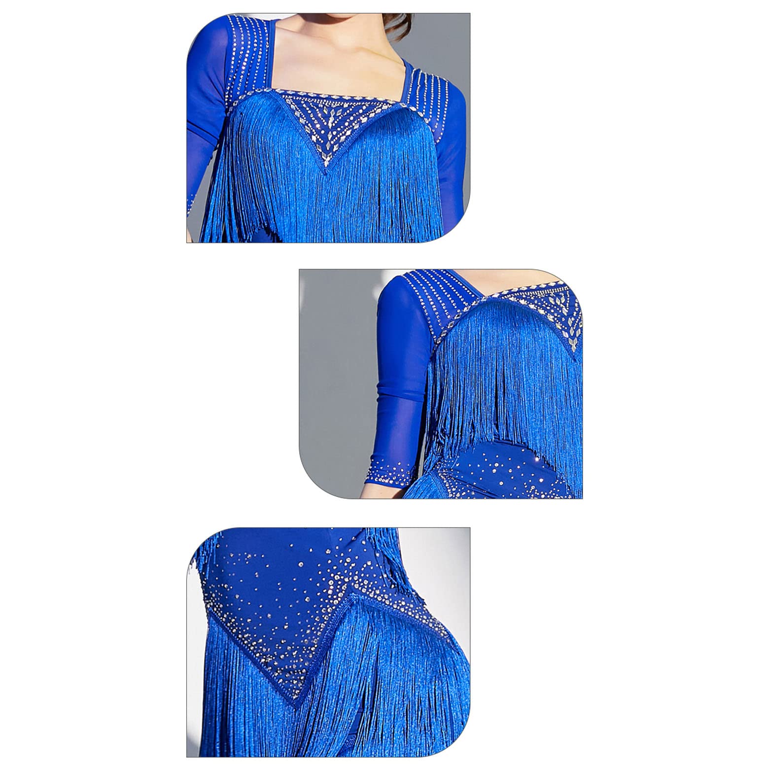 Damen Fransen Latein Wettkampf Tanzkleid Quadratischer Ausschnitt Cha Cha Ballsaal Auftrittskostüm 3/4 Transparente Netzärmel Kleidung Rumba
