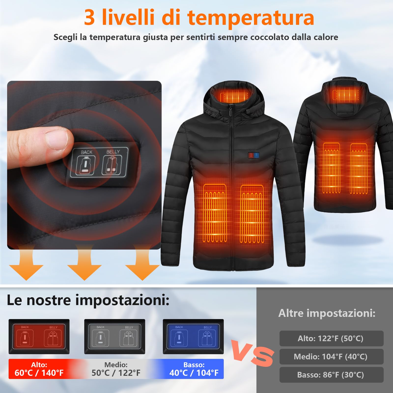 Giubbotto Riscaldato con Power Bank 10000mAh - Giacca Riscaldato con Cappuccio 5 Zone di Calore, 3 Livelli Doppi Controlle per Il Lavoro All'aperto Sci Trekking