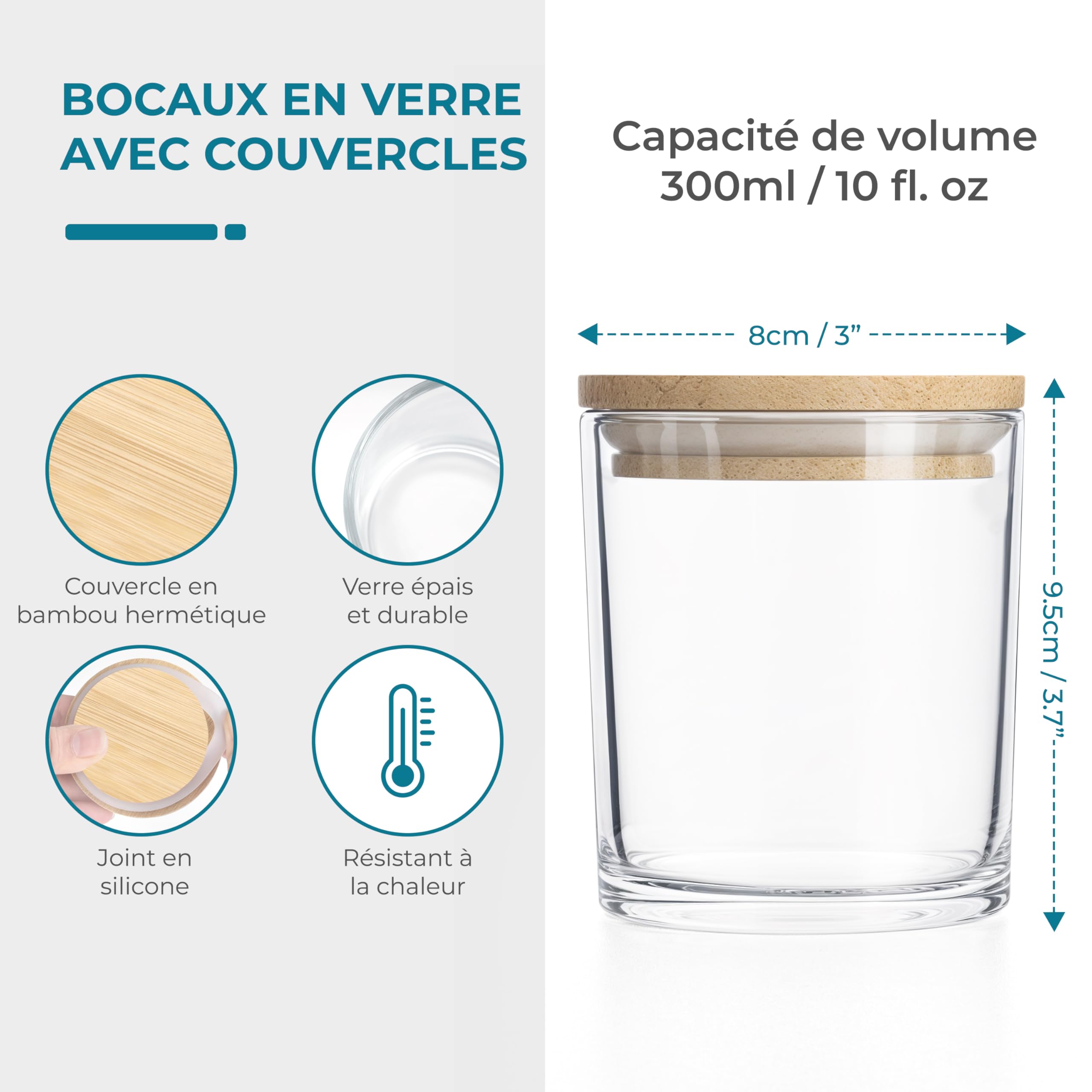 Winter Shore Pots en Verre avec Couvercle en Bambou 300 ml (Lot de 16) | Kit de Fournitures pour la Fabrication de Bougies avec Mèches & Étiquettes Incluses, Pots pour Bricolage & Cire à Bougies