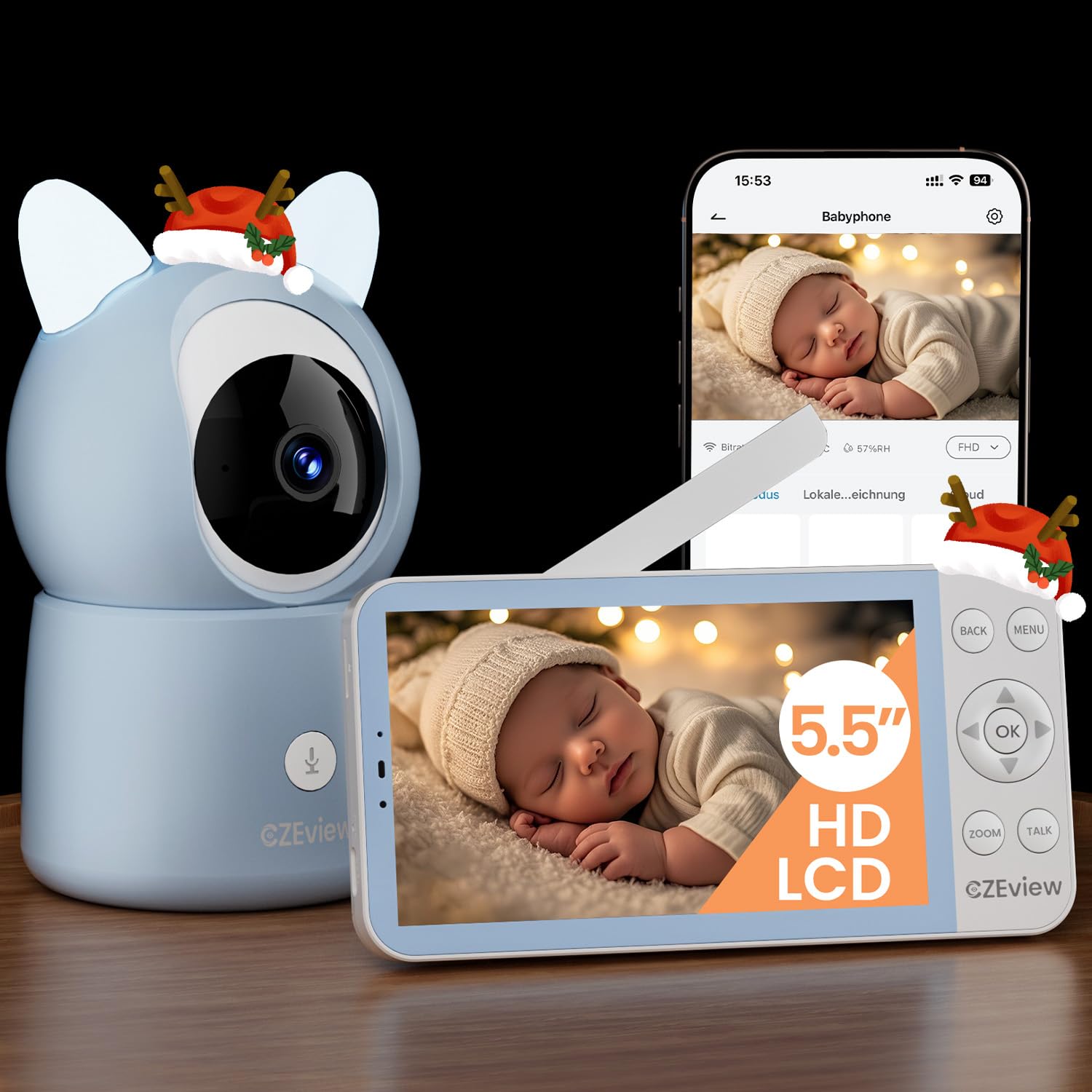 CZEview 5,5" 2K Baby Monitor Video e Audio, Luce Notturna & Musica, Telecamera Bambini, Controllo Tramite APP Mobile & Monitor (Blu)