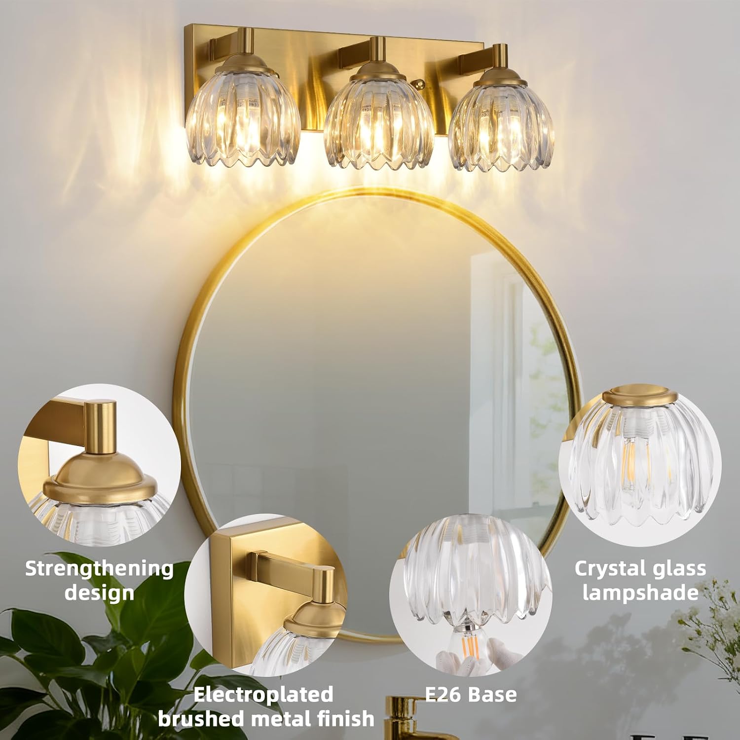 Bathroom Vanity Light Fixtures, 3-Light Brushed Gold Bathroom Light Fixtures Over Mirror, Antique Wall Lights with Clear Glass Glass Tulip Light Shade for Mirror, Kitchen, Hallway, Cabinet, Porch