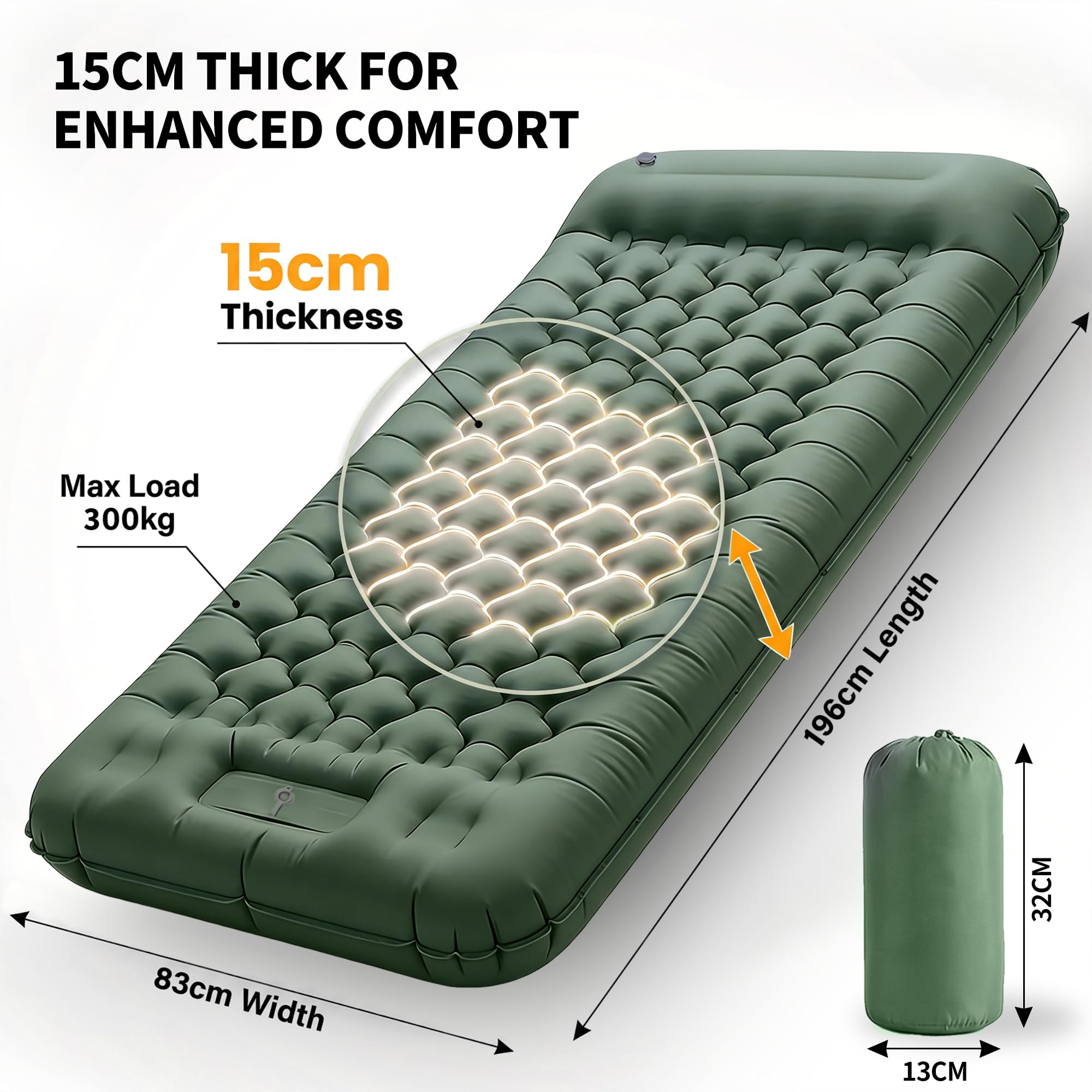 Colchón Hinchable Extra Grueso y Extra Ancho, Colchón de Camping con Bomba de Pie, Ligero y Duradero para Outdoor Camping (Verde Militar)