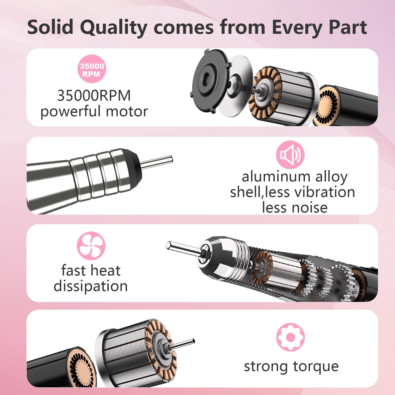 Kredioo Torno para Uñas Profesional, Inalámbrico Recargable 35000 RPM | Velocidad Ajustable, Recargable Lima Electrica Uñas, Lápiz Manicura y Pedicura, Pulidor Portatil, Kit con 6 Brocas