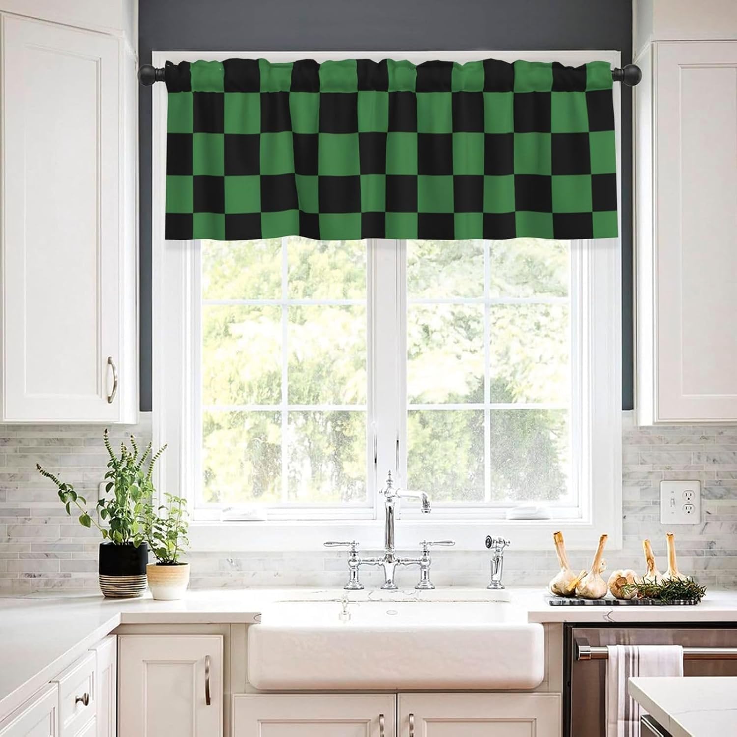 Valance for Windows Green Black Checkered Kitchen Curtains Valances Rod Pocket Print Window Treatment Short Topper Curtains for Living Room Bedroom Bathroom 1 Panel 54x18inch