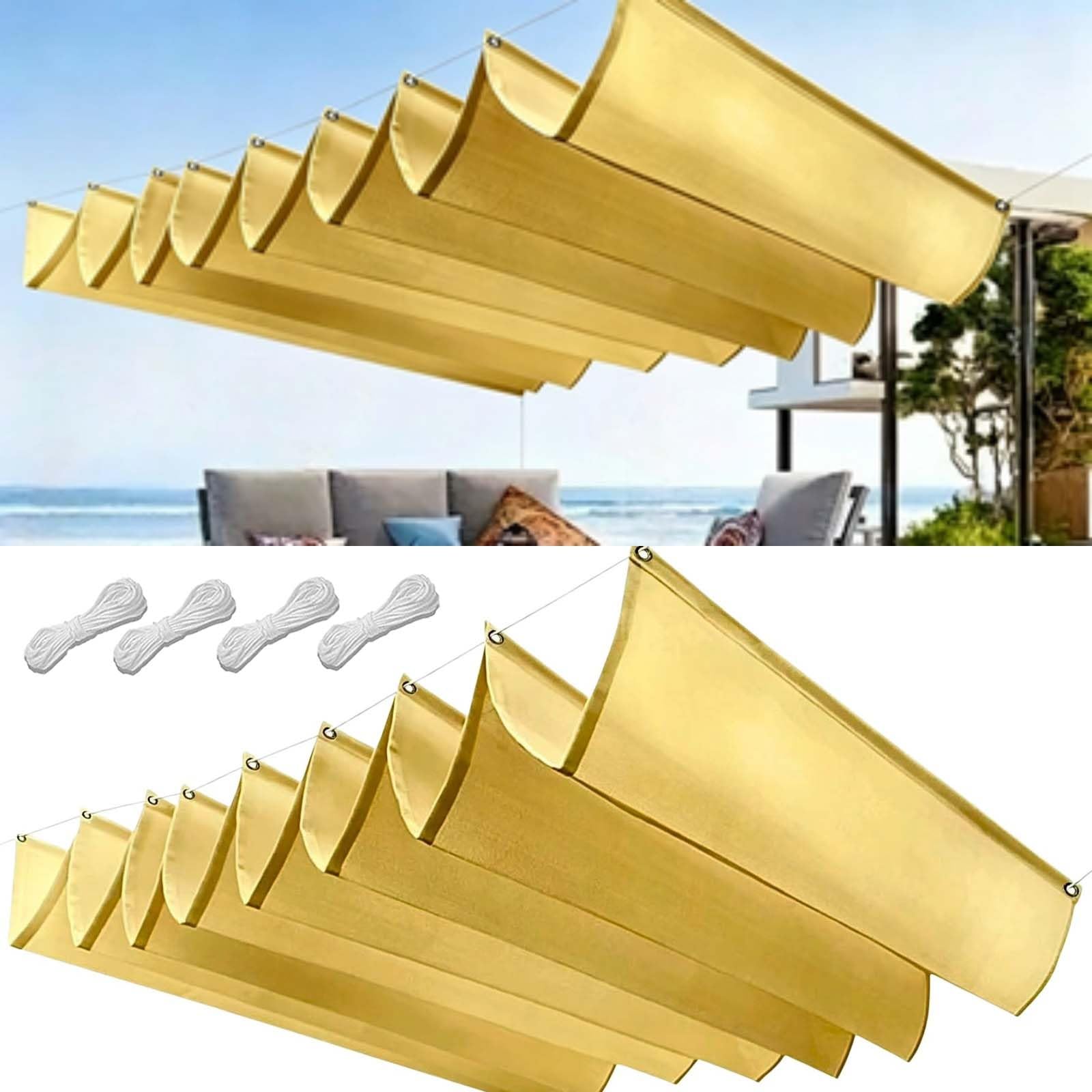 Maska Przeciwsłoneczna Z Materiału 75 x 400 cm Regulowany Na Zamówienie Żagiel Przeciwsłoneczny Do Pergoli Z Oczkami I Sznurkiem Do Ogrodu Zewnętrznego, Patio, Trawnika, Piaskowy żółty