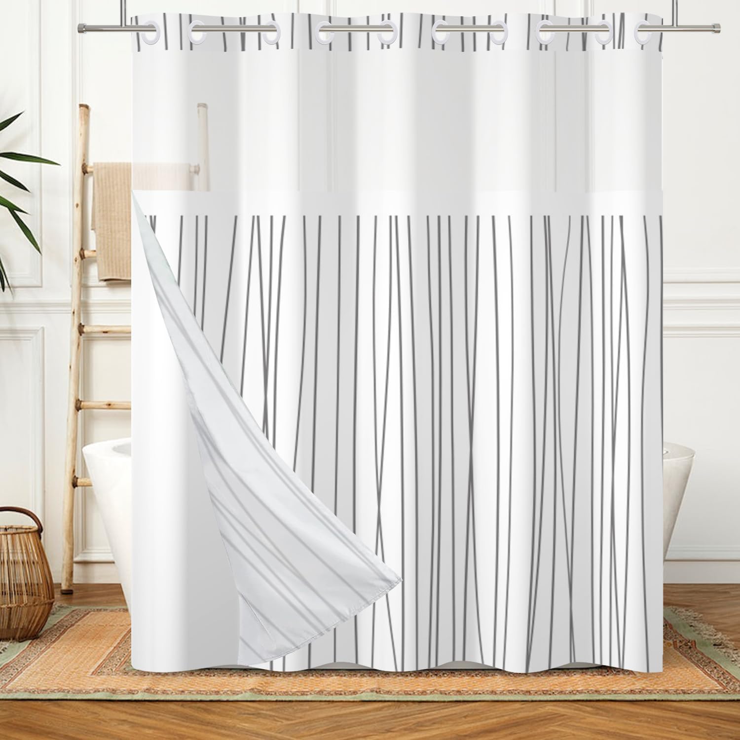 No Hook Shower Curtain and Liner Set Grey White Striped Modern Geometric Shower Curtain with Liner Washable Hotel Bathroom Curtains with See Through Mesh Top Window 71x74 Inch