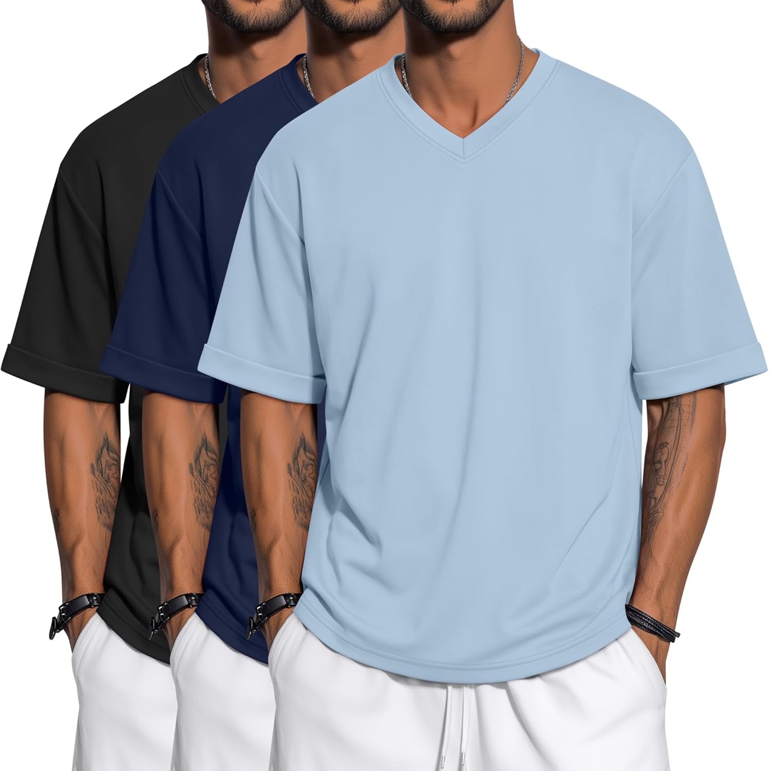 3 Pack Men's Oversized T-Shirts Short Sleeve Loose Fit Tops Casual V Neck Rolled Sleeve Tee Solid Basic Tshirt