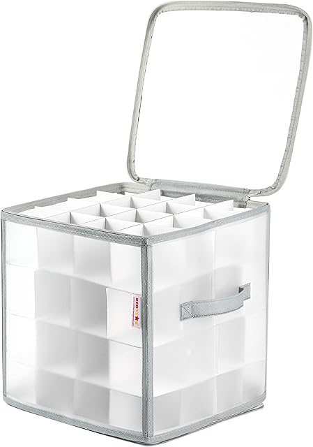 Christmas Bauble Storage Box 64pc Christmas Decorations Storage Box with Dividers - Christmas Baubles Large Storage Box with Lid - Grey Xmas Decorations Storage Bag for 64 xmas baubles