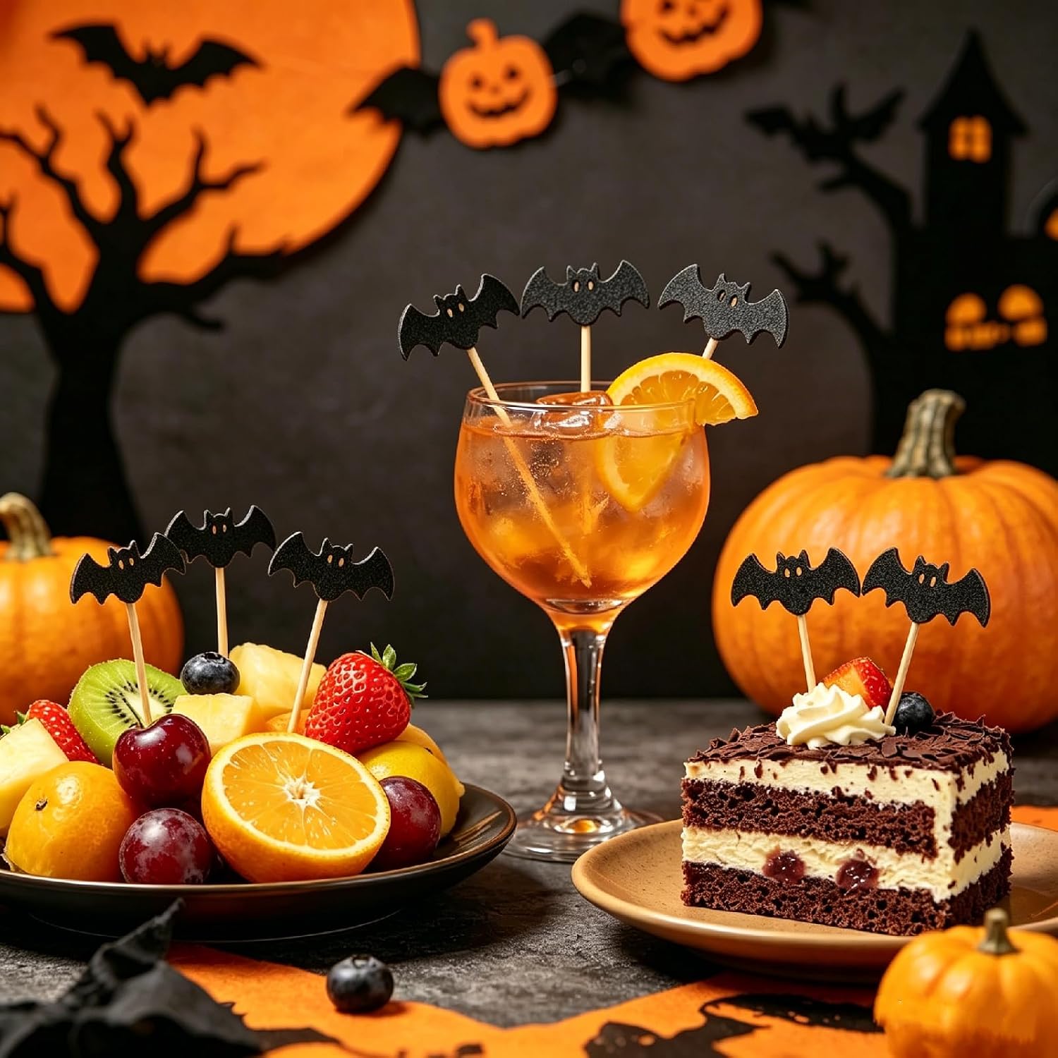 400Pcs Halloween Cupcake Toppers Cocktail Picks, Bat Ghost Spider Theme 4.7 Inch Toothpicks for Charcuterie Boards Accessories Halloween Party Supplies,Bat