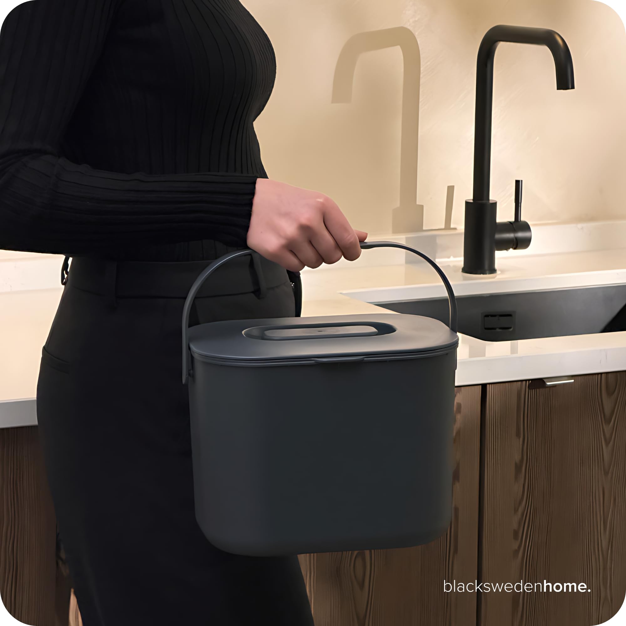 blackswedenhome. Kosz na odpady organiczne do kuchni, 7 l, designerski kosz na kompost z sitkiem, ekologiczny kosz na śmieci, odporny na zapachy, kosz na odpady ekologiczne, kosz na śmieci z pokrywką