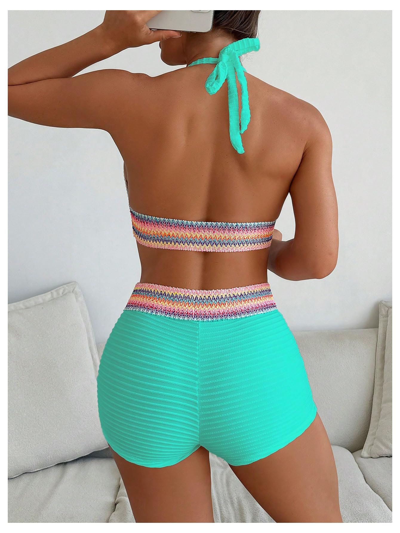 Costume da Bagno da Donna in 2 Pezzi A Righe Geometriche Boho con Allacciatura Allacciata sul Davanti, Costume da Bagno Verde Menta Piccolo