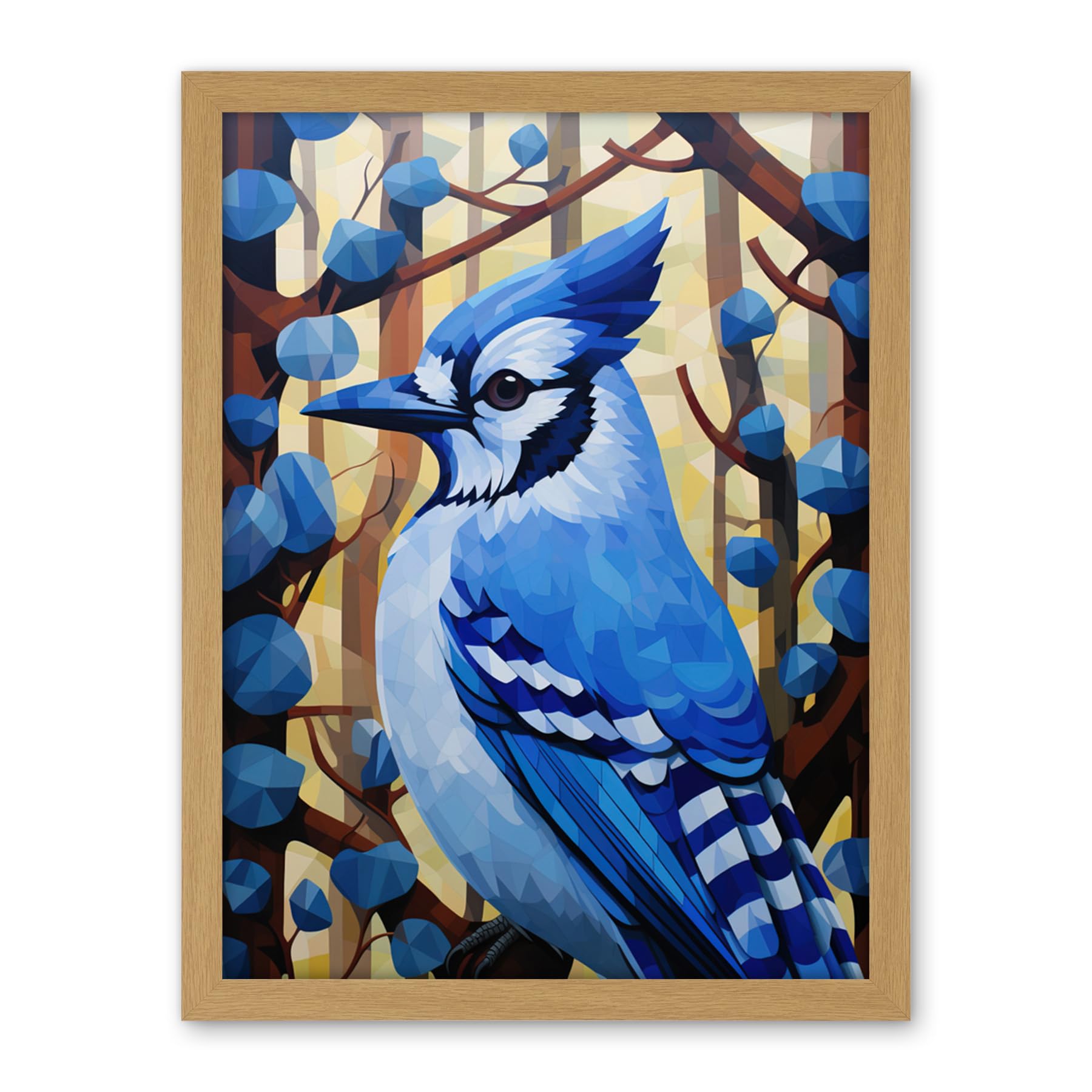 Artery8 Blue Jay Geometric Artwork Wild Bird Perched on Tree Polygonal Forest Landscape Artwork Framed Wall Art Print 18X24 Inch