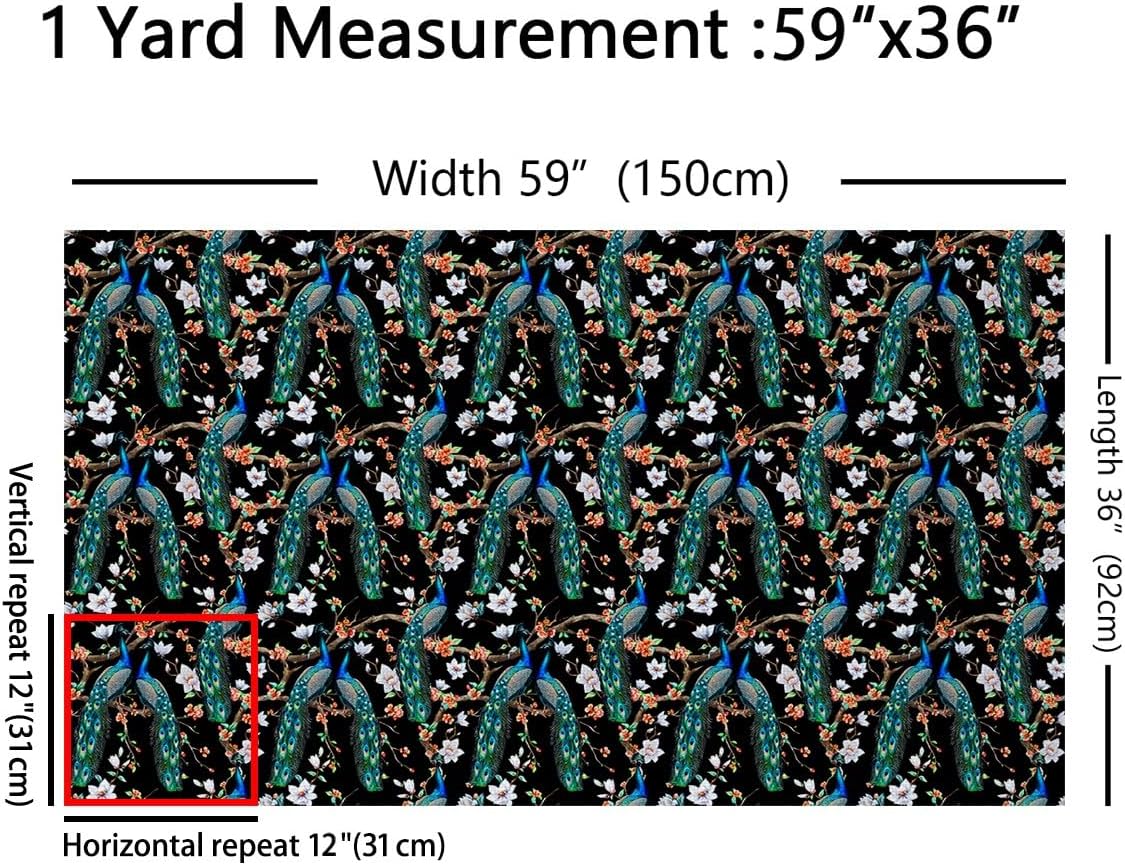 Watercolor Peacock Fabric by The Yard Colorful Blooming Flowers Wild Animal Fabric for Kids Teens Adults Botanical Plants Nature View Fabric for Bed Outdoor Indoor DIY Projects 5 Yards,180" L x 59" W