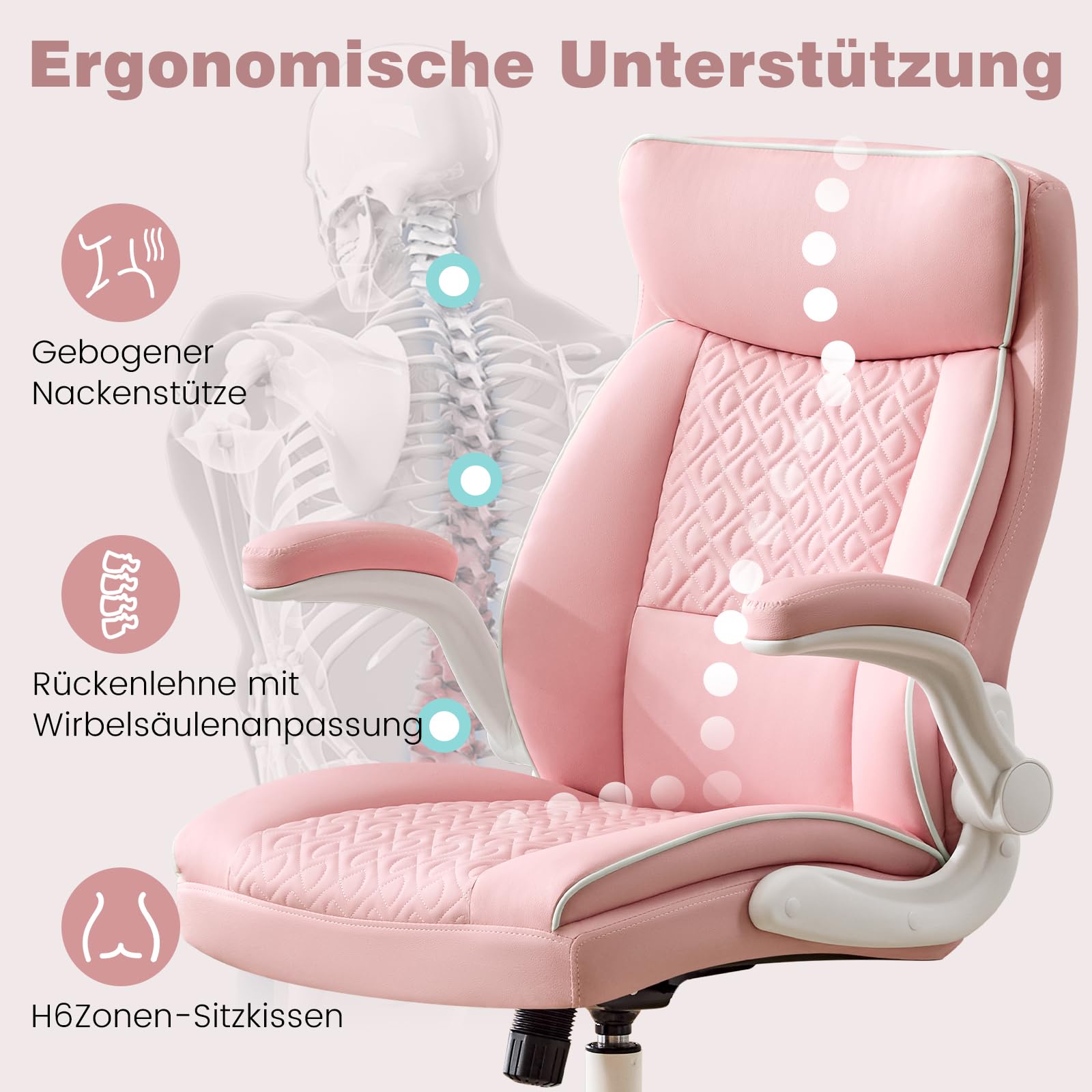 Hellove Chefsessel Bürostuhl 185kg Ergonomischer Kunstleder Schreibtischstuhl mit Verstellbarer Rückenlehne und Klappbaren Armlehnen, Drehstuhl mit Kopfstütze Computerstuhl Home Office Stuhl, Rosa