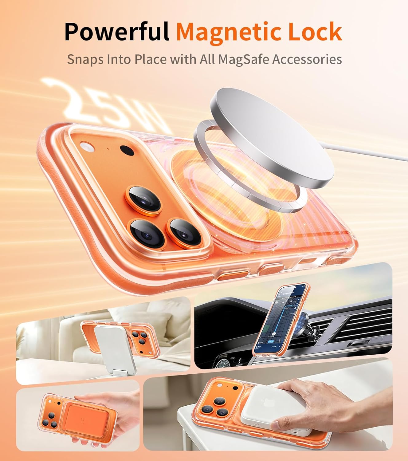 for iPhone 17 Pro Max Phone Case, Compatible with MagSafe, Magnetic Girly Clear Ripple Phone Cover with Bling Sparkly, Summer Colorful Slim Fit Case for iPhone 17 Pro Max 6.9", Glitter Orange