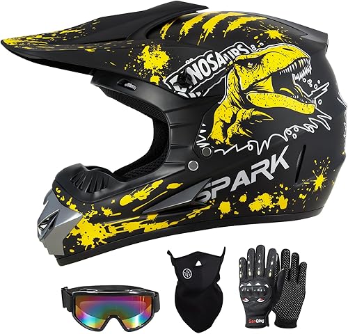 SPARK Youth Kids Dirt Bike Helmets - Lightweight & Vented, Full Face, 4Pcs Set with Gloves, Goggles & Mask for Ages 5-14 (Motocross ATV Off-Road)