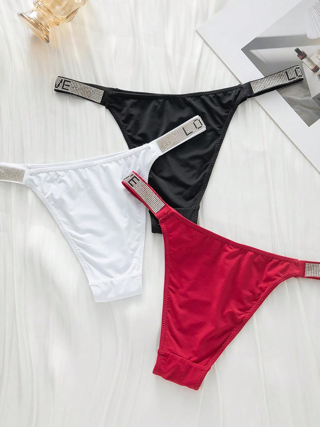 WDIRARA Women's 3 Pack Glitter Rhinestone Letter Print Thong Panties Low Rise Seamless Briefs Underwear - Image 2