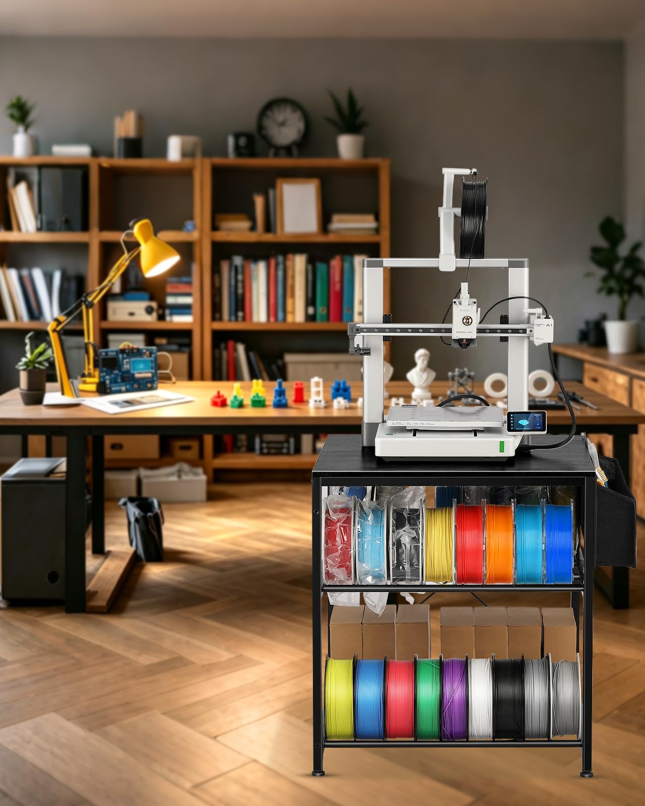 AHOWPD Soporte para impresora 3D con almacenamiento de filamentos, mesa de impresora 3D, estante de almacenamiento de filamentos, escritorio de carrito 3D resistente con ruedas para taller, estudio