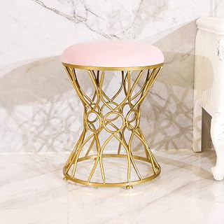 bandezid Otomana redonda de cuero, para el hogar, sala de estar, dormitorio, reposapiés, asiento de taburete, silla tapizada con patas de metal de malla dorada, color rosa. 34 x 45 cm