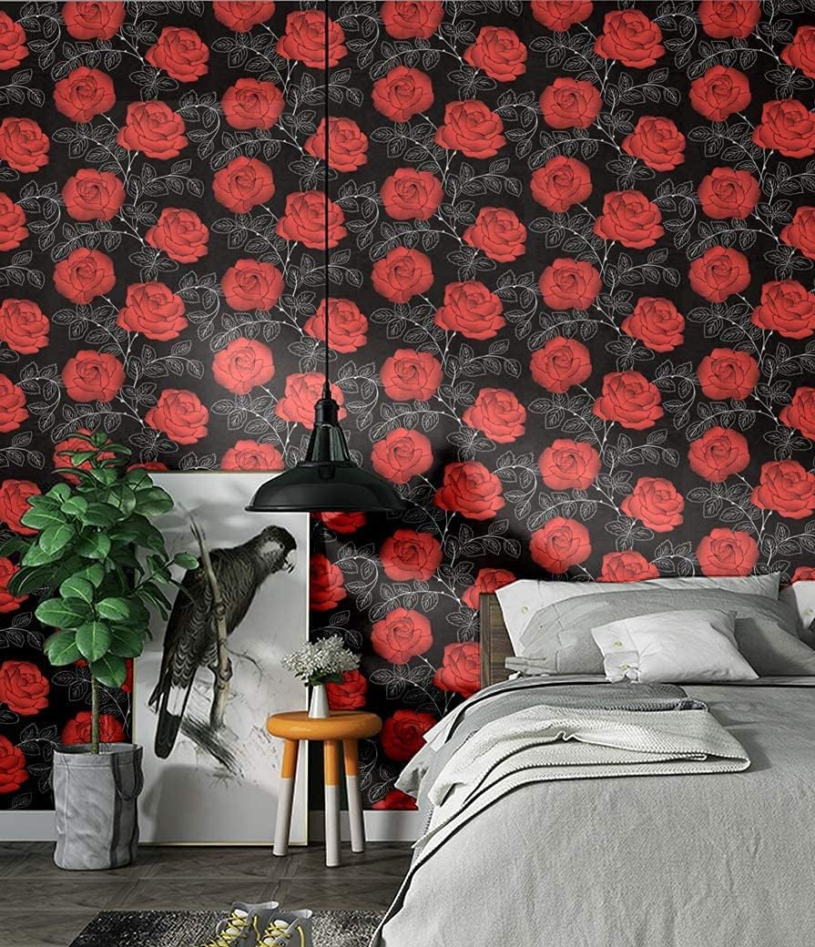 Birwall Peel and Stick Black Red Roses with White Leaves Wallpaper Prepasted Wall Mural Contact Paper Wall Decal