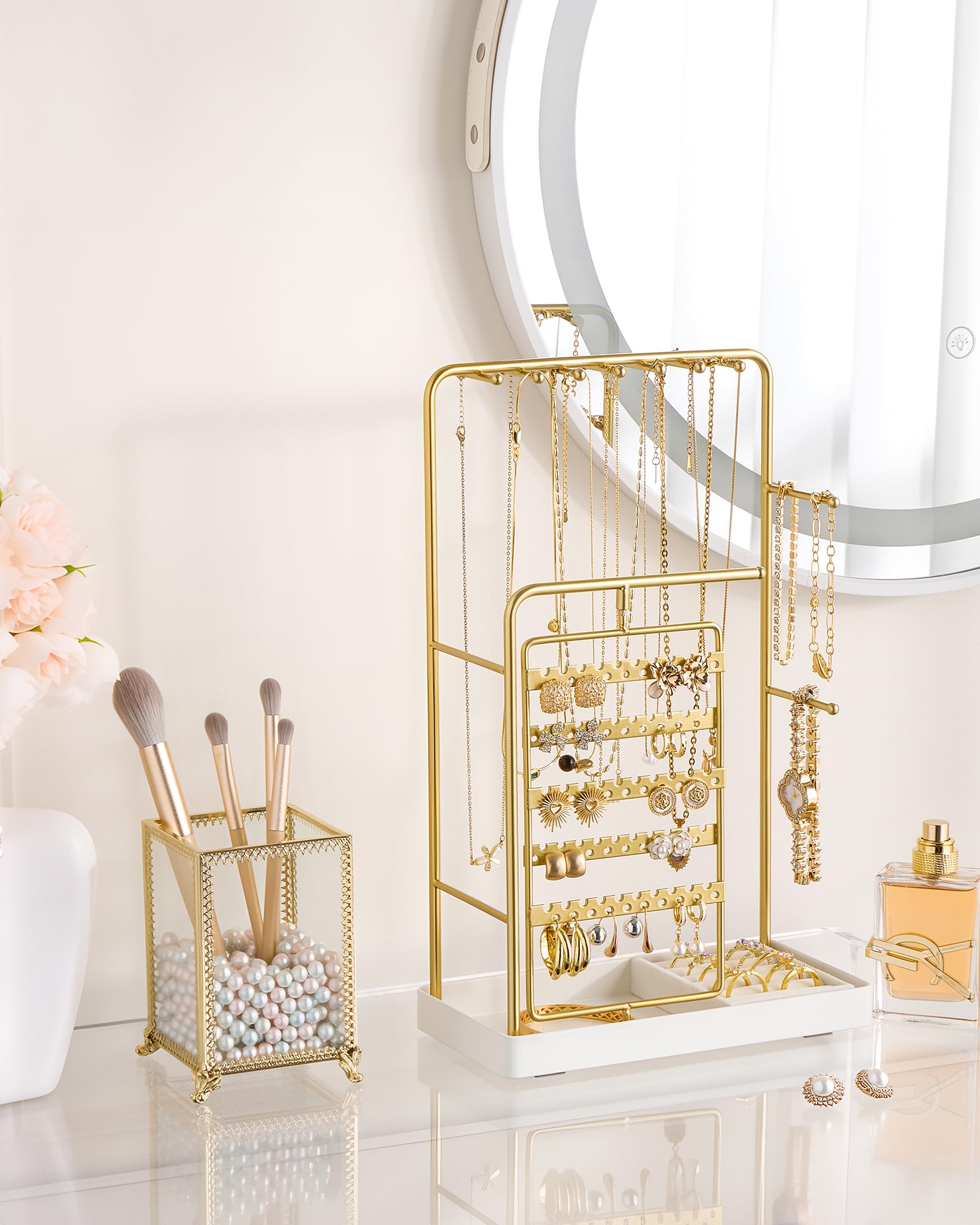 ProCase Jewelry Display Stand Holder, Jewelry Organizer and Storage with Velvet Ring Tray, Rotating Earring Display Bracelet Necklace Holder, Aesthetic Gifts Room Dorm Decor for Teen Girls -Gold