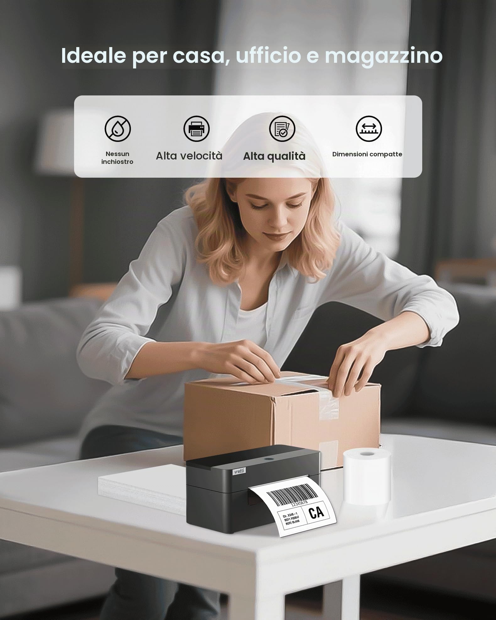 vretti Stampante Etichette Adesive e Spedizione con USB/Bluetooth | Alta Qualità 99.99% Scansione | Testina 3x Durata | 70% Risparmio Costi | Compatibile con Amazon, DHL, UPS