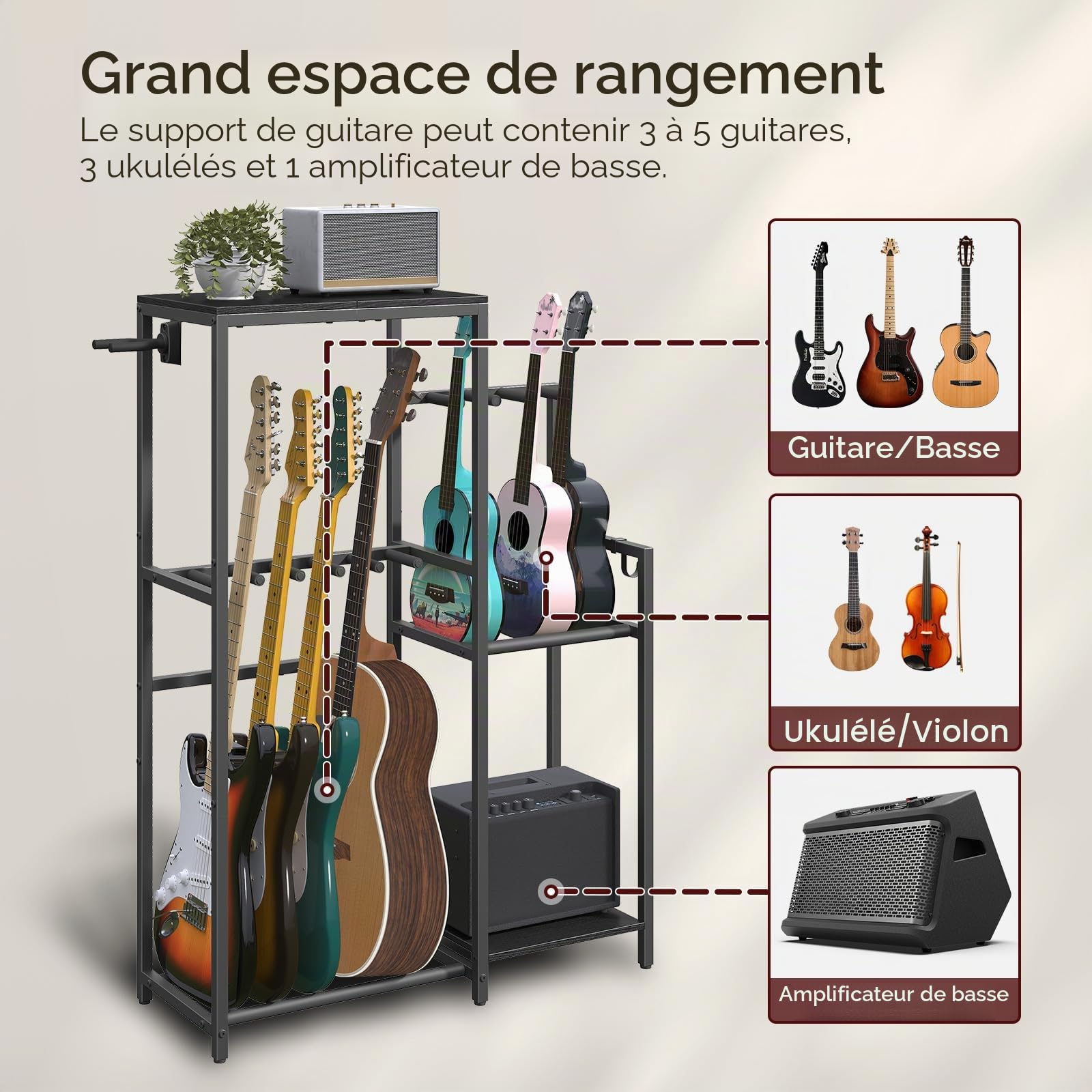 MAHANCRIS Support de guitare pour 9 guitares, acoustiques, électriques, basses, ukulélés, banjo, tourne-disques, support de présentation en mousse EVA pour studio de musique, noir AGSHB8501