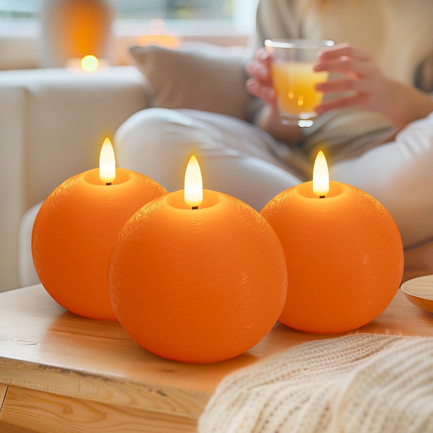Flameless Candles with Remote, Orange Round Candles Ball LED Battery Operated Real Wax Candles Warm Light 3D Wick Flickering for Home Party Wedding Decor (Set of 3)