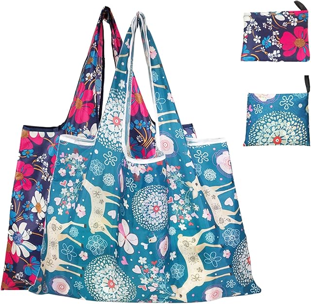 Jaspond 2 Pack Reusable Shopping Bags, Eco Friendly Reusable Grocery Shopping Tote, Printed Flowers Shopping Tote, Foldable Washable Grocery Bag for Shopping Travel