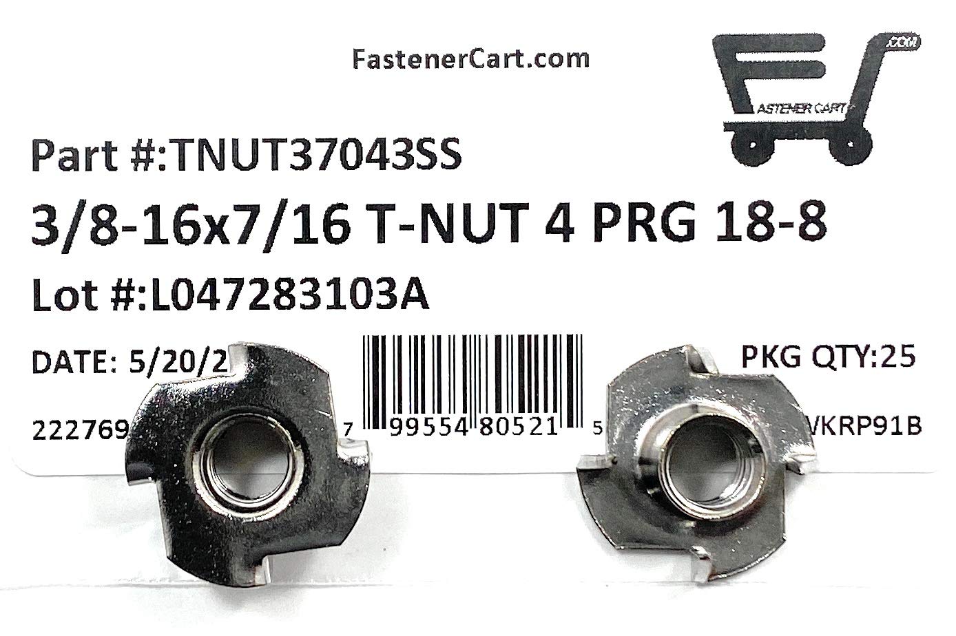 T-NUT Stainless Steel 3/8-16X7/16 4 Prong Tee Nuts (3/8-16 Thread 7/16 Barrel Length) 18-8 Stainless - (25) Pieces