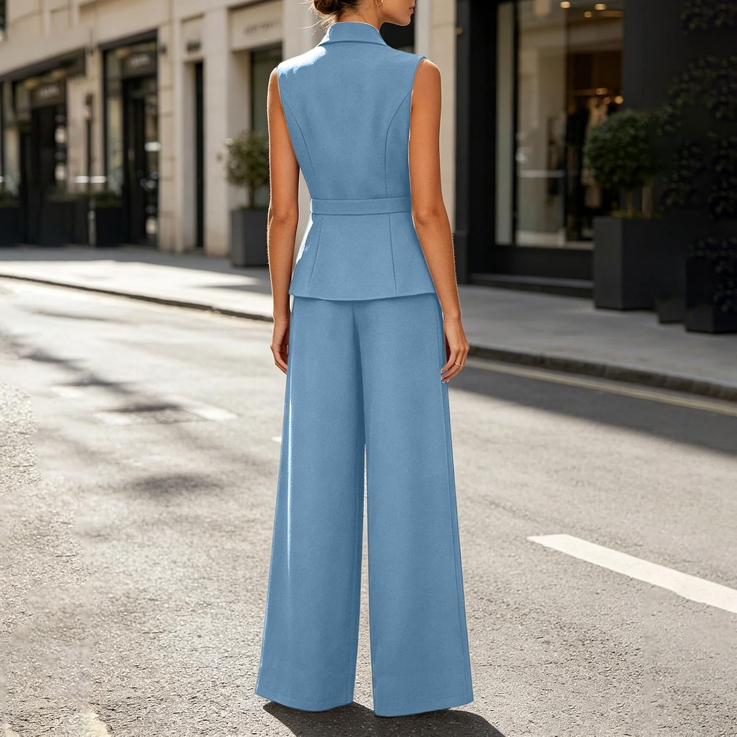 Oplxuo Women Sleeveless Vest Suit Set Shawl Collar Button Waistcoat Wide Leg Pants Office Formal 2 Piece Matching Outfit