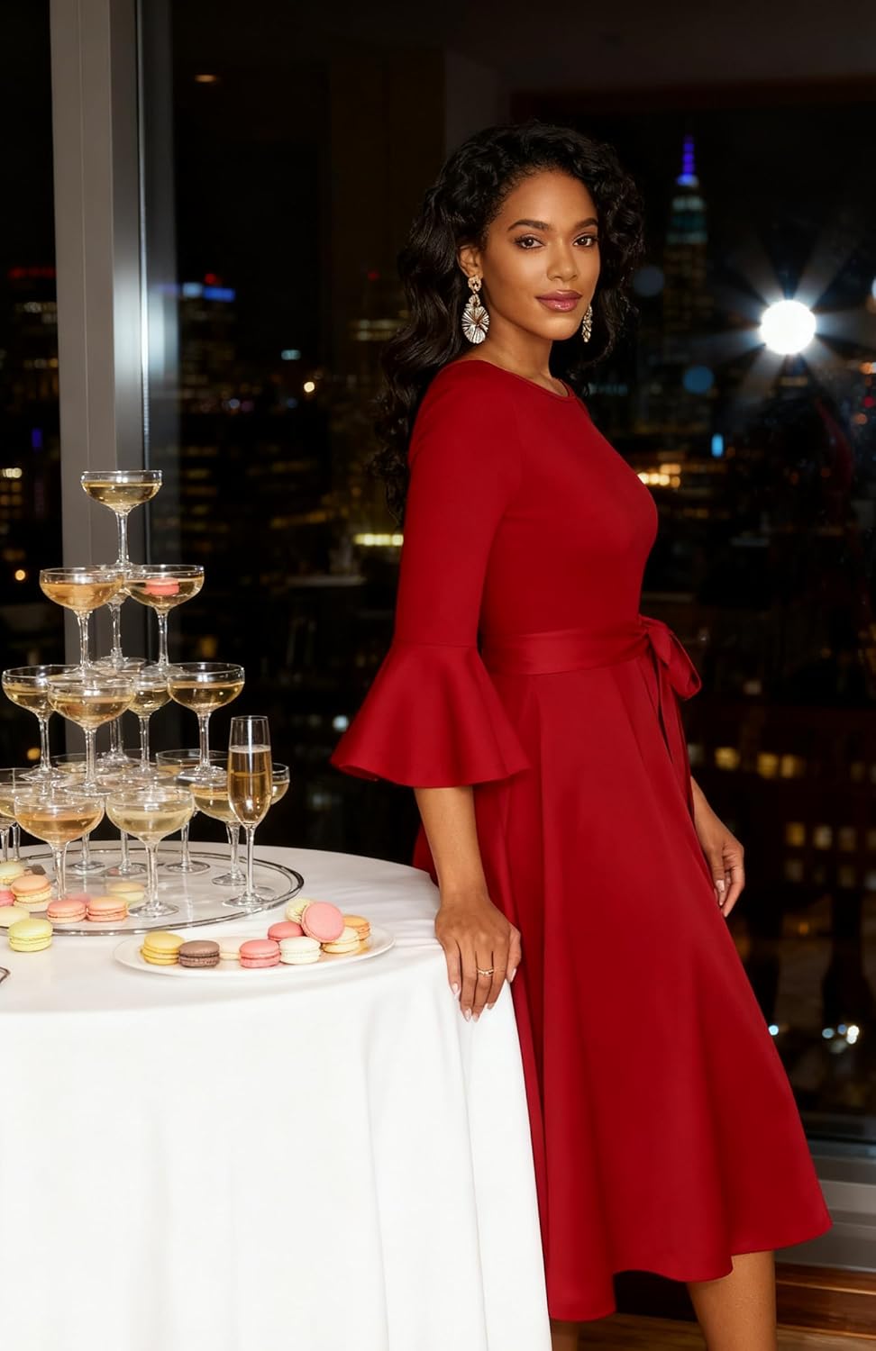 Nmoder Women's Cocktail Dresses - Vintage Bell Sleeve Wedding Geust Tea Party Midi Dress with Belt Red Medium - Image 3