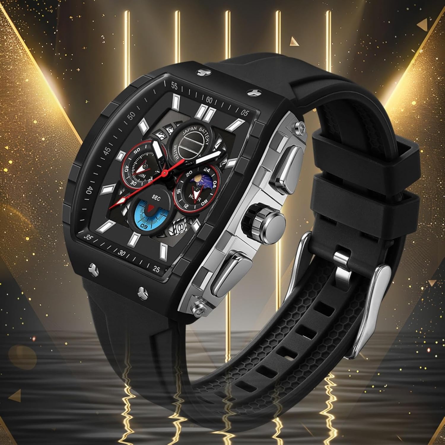 findtime Tonneau Watches for Men Chronograph Date Luminous Wristwatch with White Silicone Strap Analog Quartz Men's Watch Business Casual Dress Designer - Image 6