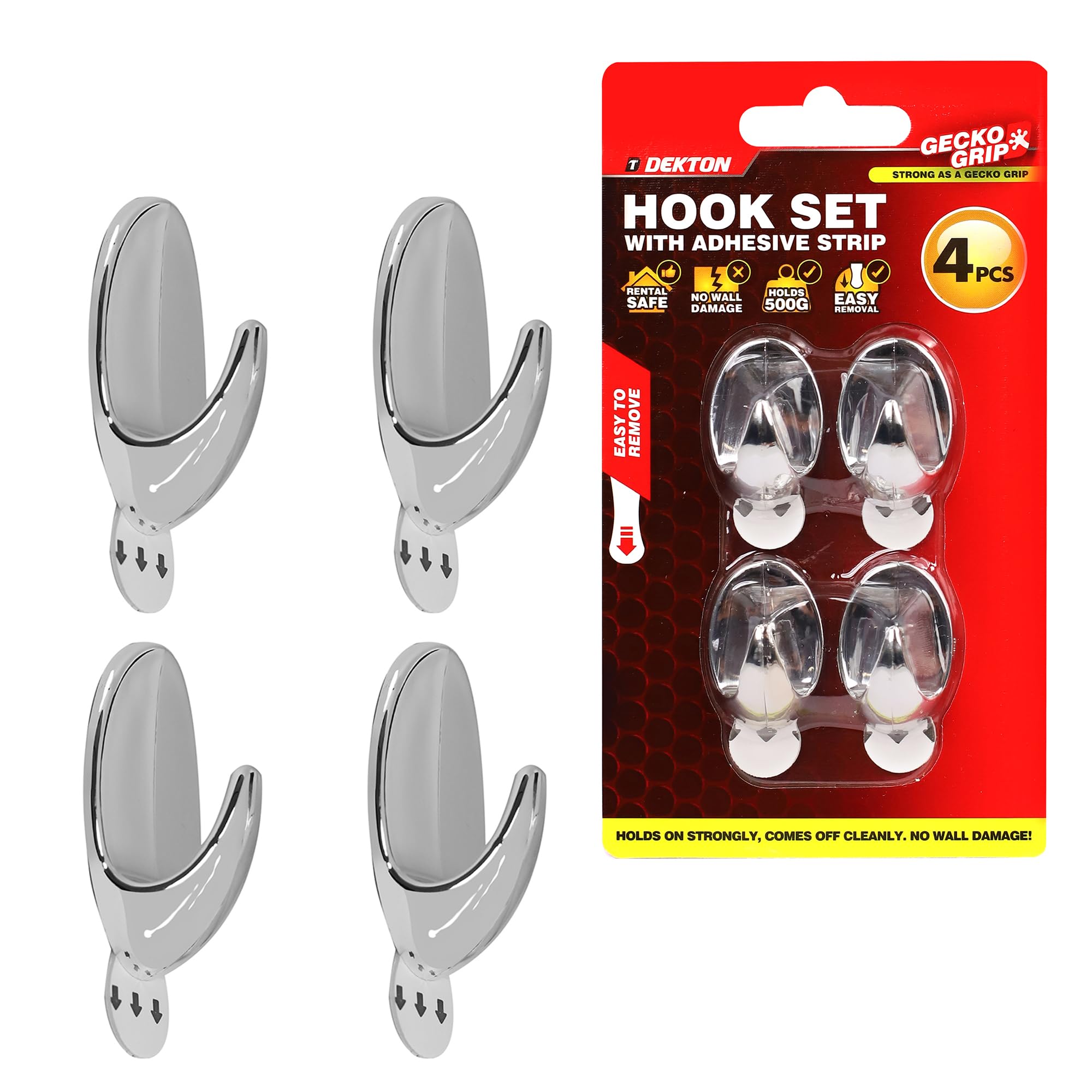 Dekton Chrome Geckogrip Hook Set 4Pc -Heavy-Duty Wall Hook| Strong Adhesive Grip| Holds Upto 10Kg| Ideal For Kitchen, Bathroom, Office| Reusable & Residue-Free| Sleek Finish| Versatile Storage