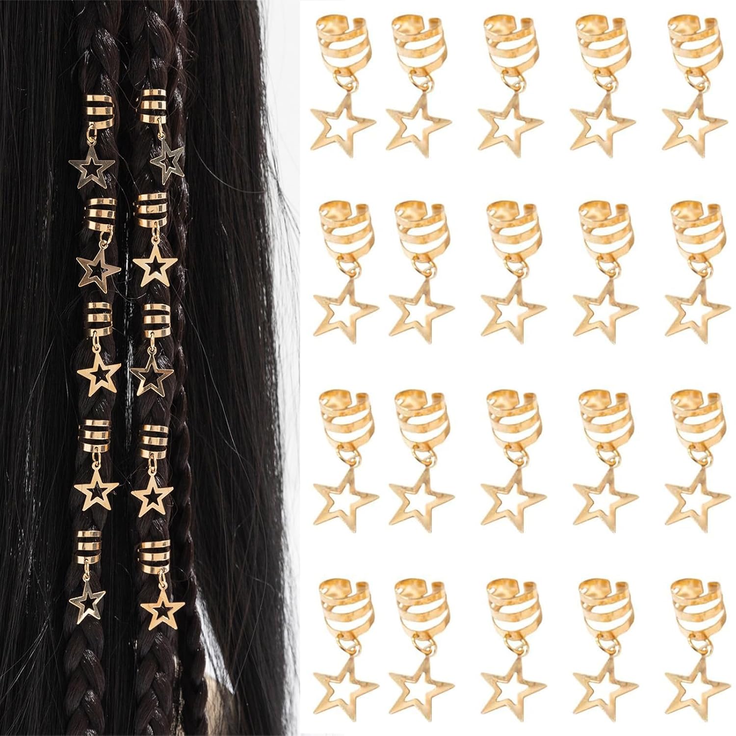 20 Pcs Hollow Star Hair Cuffs Gold Hair Braid Clips for Dreadlocks Twists Braids Jewelry Beads Pendants Accessories (Gold)