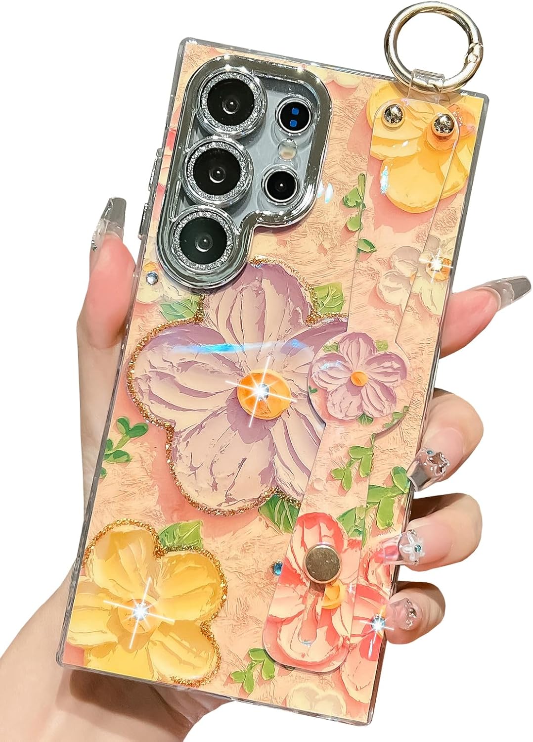 BANAILOA Compatible with Samsung Galaxy S24 Ultra Case Cute Luxury Flowers with Wrist Strap Sparkle Rhinestones Bling Case Women Girls Soft Slim Protective Cover for S24 Ultra (Purple) Purple For Galaxy S24 Ultra