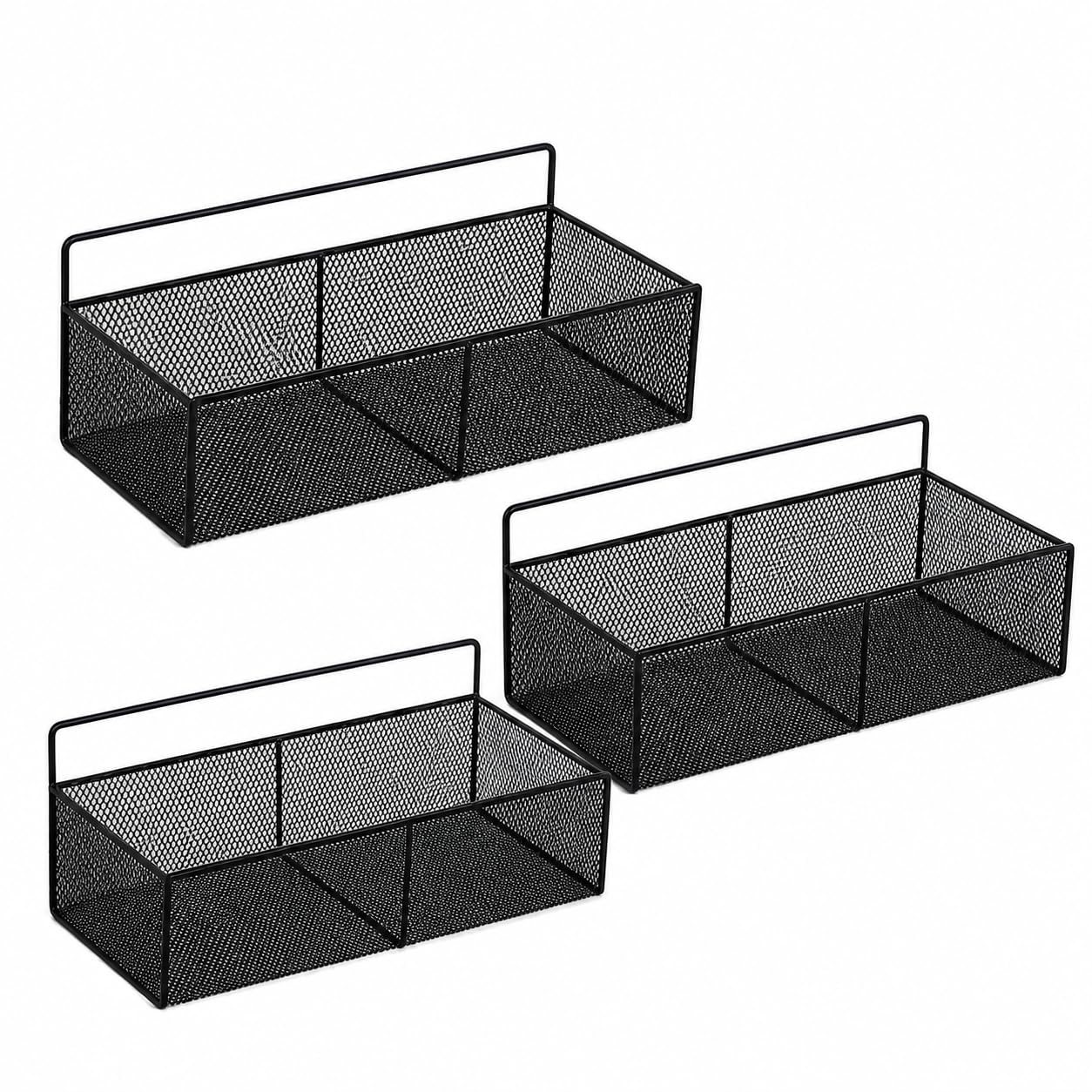 Gzsekken Black Wire Basket, 3 Pack Wire Basket Wall Mounted Metal Storage Basket,2 Grid Wire Storage Shelf,No Drilling Self-Adhesive Storage Basket Organiser for Bathroom,Kitchen,Cabinets, Pantry