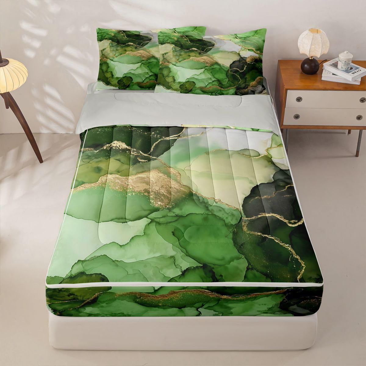 Erosebridal Golden Green Marble Full Zip Up Bedding Set, Gradient Ombre Ink Texture Zipper Comforter Set with Sheets, Luxury Aesthetic Abstract Art Bed in a Bag for Boys Girls, Modern Bedroom Decor