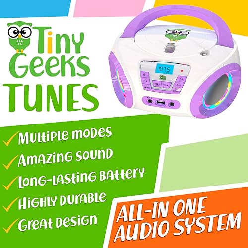 Miniatura 2 de Tunes Kids Boombox - Reproductor de CD para niños + radio FM + incluye baterías + radio morada - Reproductor de CD para niños con altavoces para