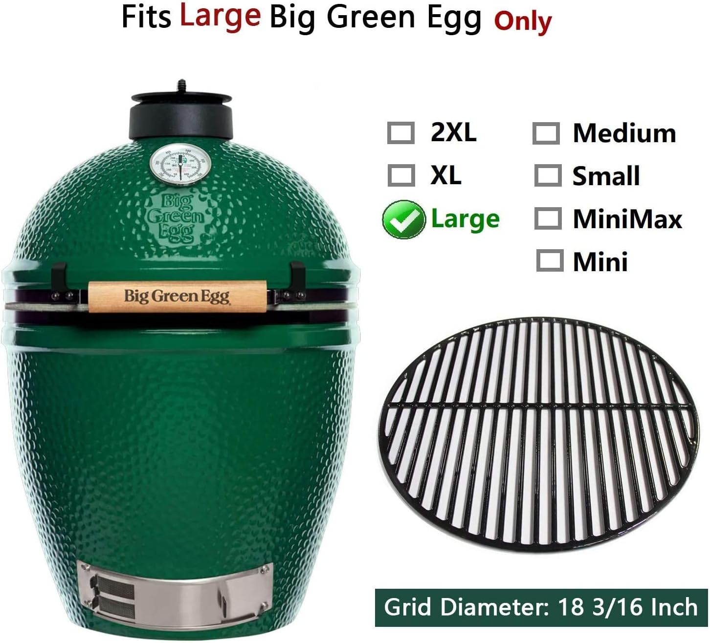 Hongso 18 3/16 Inch Porcelain Coated Grill Grate Non-Stick for Large Big Green Egg, Vision Grill VGKSS-CC2, B-11N1A1-Y2A, Accessories, Kamado Grills, Replacement Parts for Big Green Egg Grate Polished