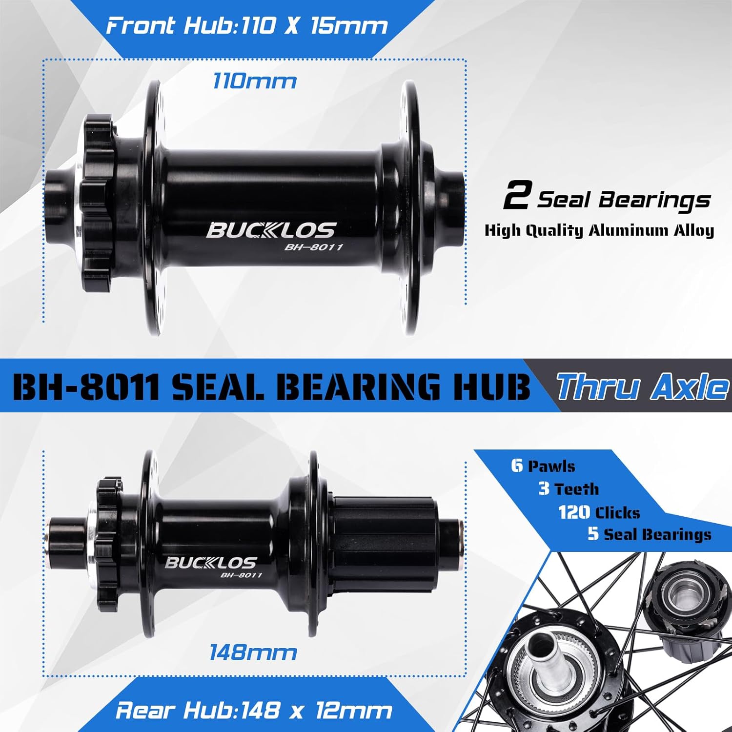 BUCKLOS 27.5 inch Thru Axle Boost MTB Wheelset, Front 15 * 110mm Rear 12 * 148mm Disc Brake Mountain Bike Wheel & Bike Tire Valve Stem Cap Set, Presta Valve and Schrader Valve Caps