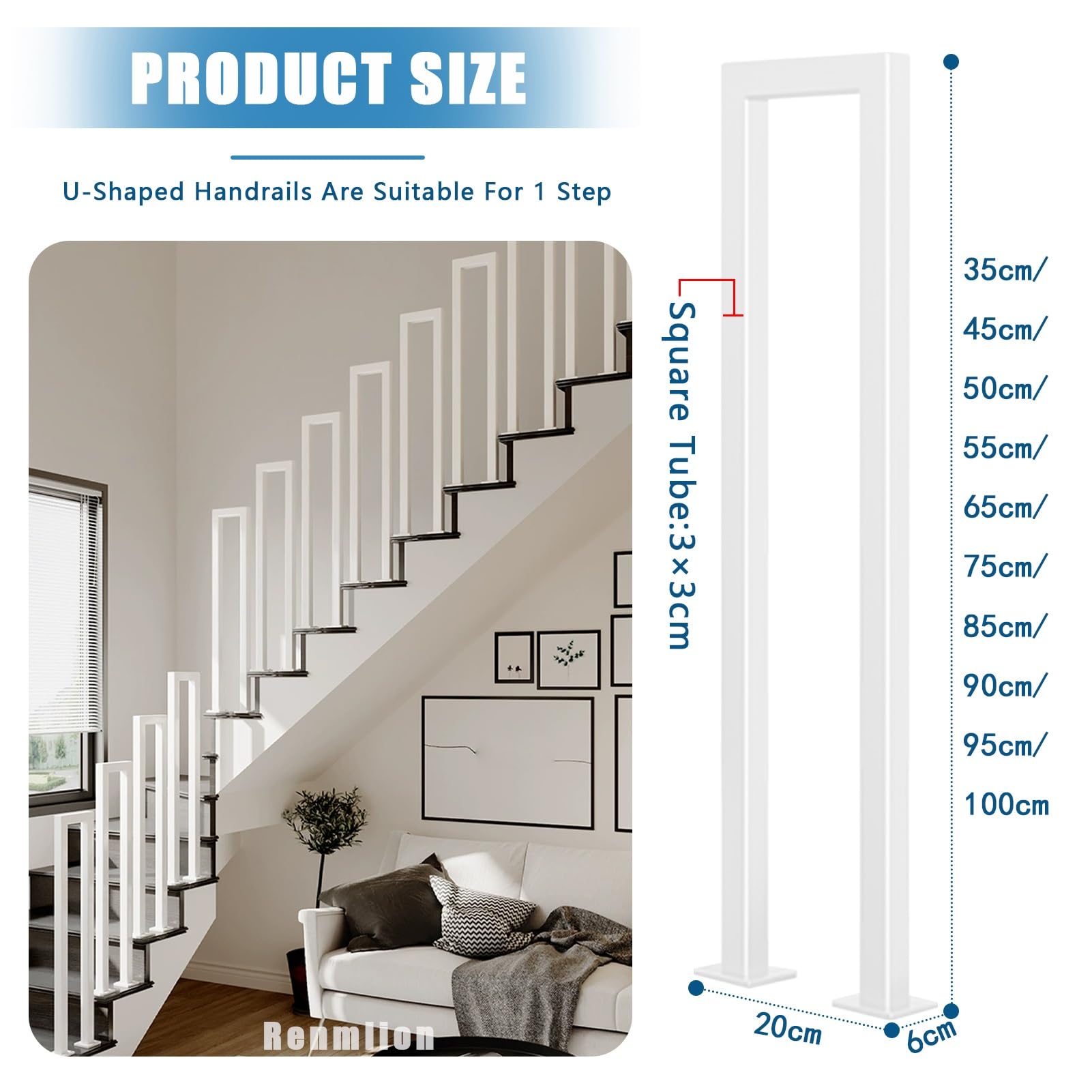 Przejściowa metalowa balustrada schodowa do schodów zewnętrznych zestaw poręczy w kształcie litery U na 1-stopniową werandę, taras, ogród, balkon, 50 cm, trwałe i stylowe rozwiązanie
