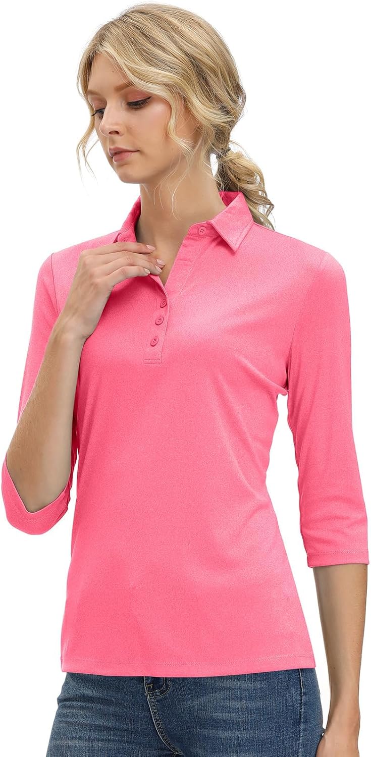 MOHEEN Womens Dry Fit Polo Shirt 3/4 Sleeve Golf Collared Shirts UPF 50+ Tops 12141 Pink XL - Image 3