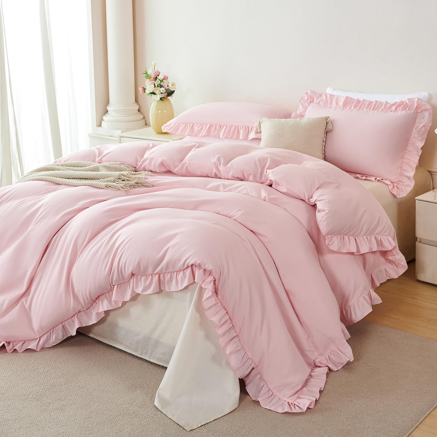 STYHO Single Duvet Cover Set 2 Pieces Light Pink Ruffle Bedding Sets with Pillowcase Soft Luxury Boho Vintage Frills Quilt Cover with Zipper Closure, 135x200cm