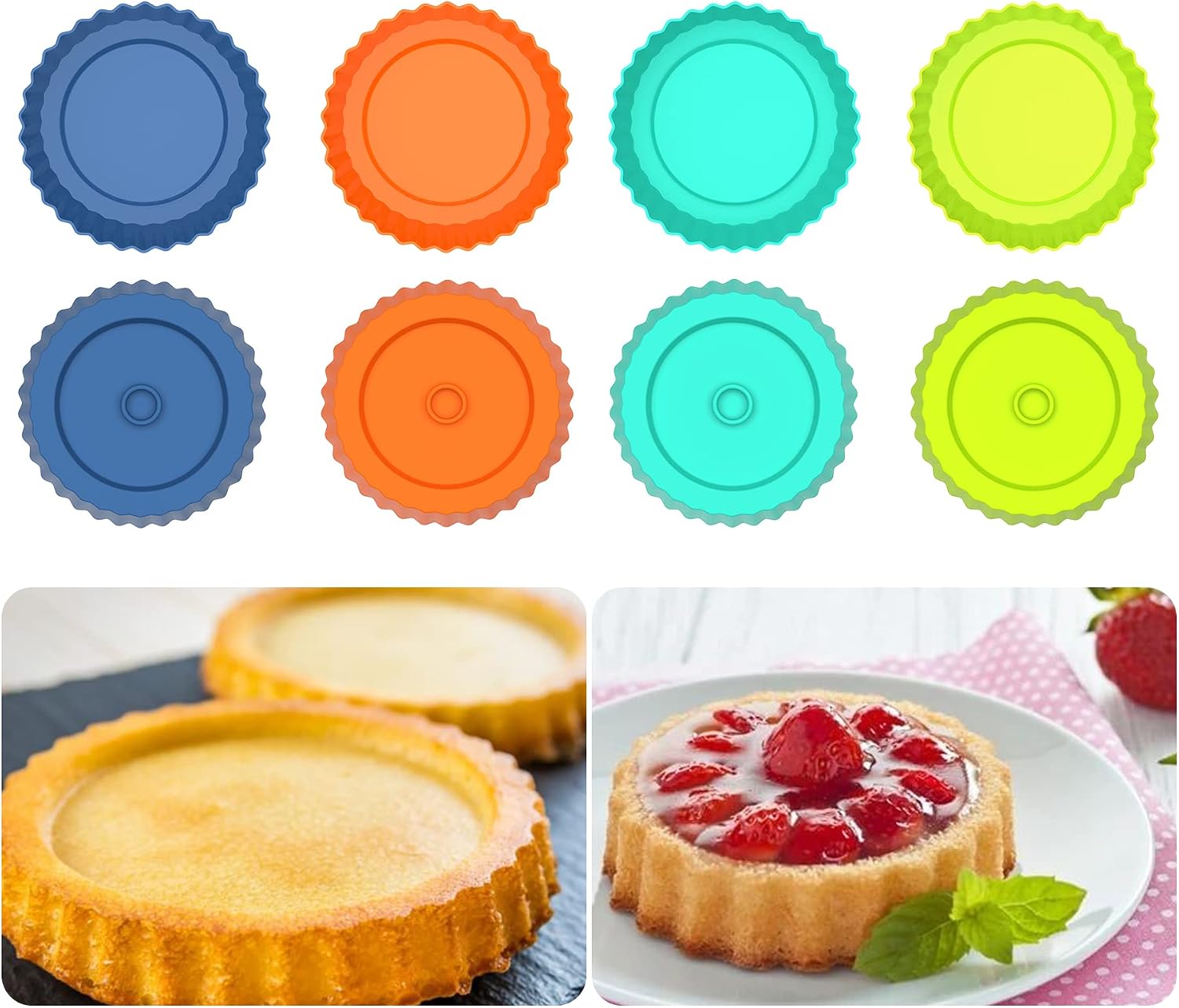 Webake Silicone Quiche Pan, 8pcs Fluted Tart Pans 5 Inch Round Baking Molds Small Maryann Cake Pans for Baking - Multicolor