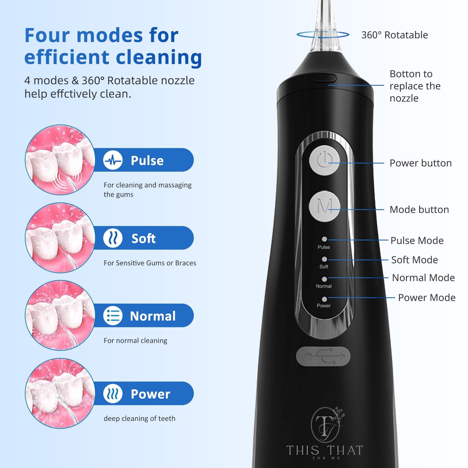TTFM - Irrigador dental eléctrico para dientes y encías, irrigador oral portátil dental, 4 modos de presión, capacidad de tanque de 310 ml, limpiador de dientes impermeable IPX7 recargable, irrigador