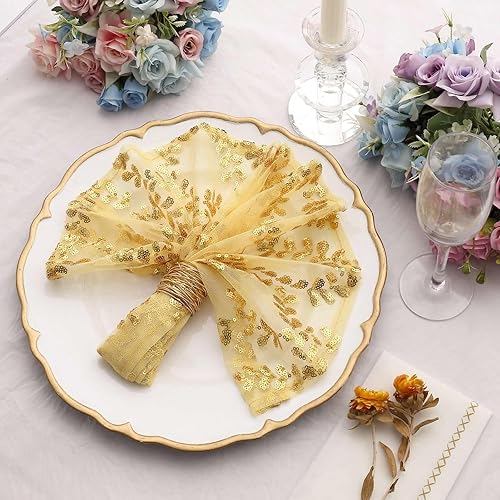 Miniatura 5 de Efavormart - Servilletas de tela de tul con lentejuelas bordadas con hojas de oro rosa brillante, servilletas decorativas transparentes