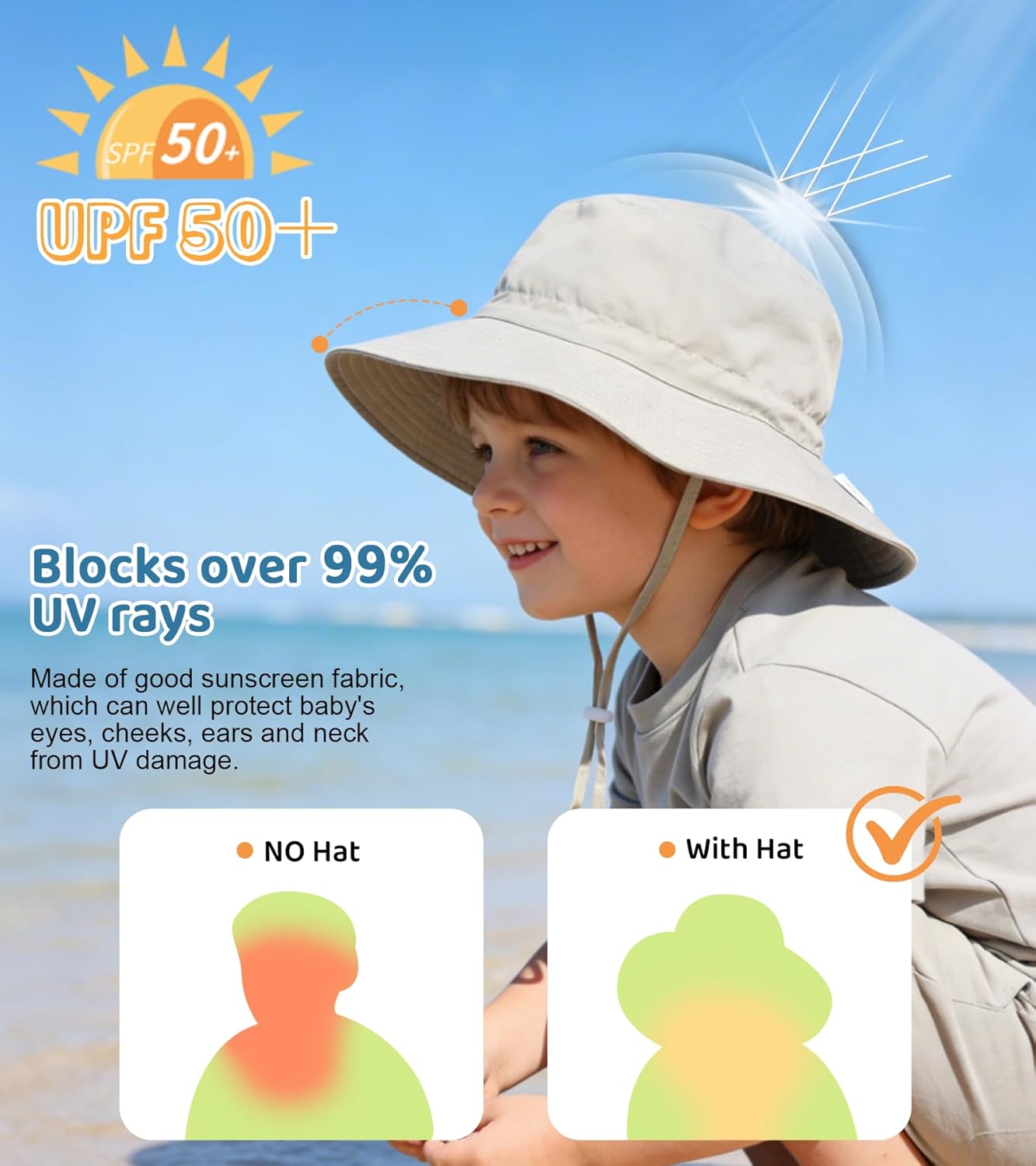 American Trends Baby Sun Hats for Boys Girls UPF 50+ Sun Protection Wide Brim Adjustable Summer Beach Bucket Hat - Image 3