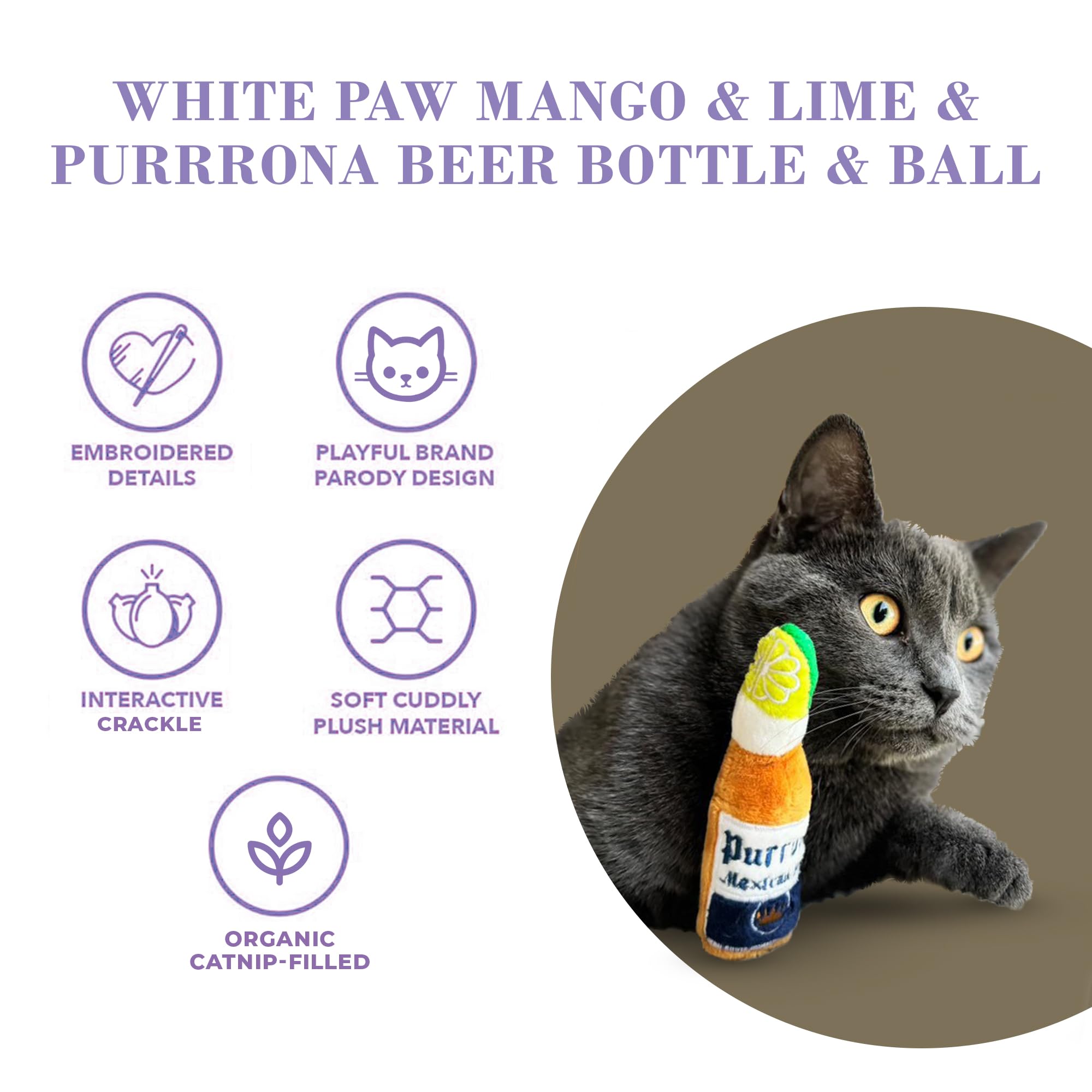 Haute Diggity Kitty Biała łapa mango i limonka + purrrona zestaw butelek piwa i piłek, pluszowe zabawki dla kota kocimiętka wypełniona interaktywnym dźwiękiem trzaskania, bezpieczne i trwałe zabawki