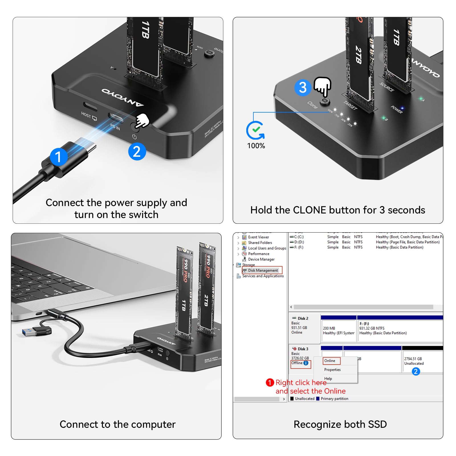 NVMe M.2 Clone SSD Boîtier 20 Gbps USB 3.2 Gen2 Dual Bay M.2 NVMe Station d'accueil avec clonage hors ligne pour une mise à niveau rapide du PC, la migration du système et la sauvegarde des données